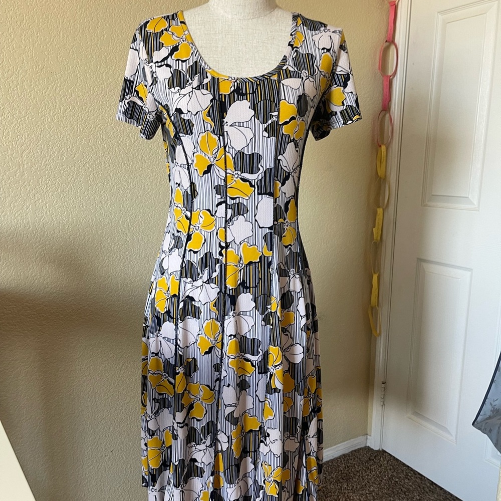 Floral fit and flare dress; rolled hem detail